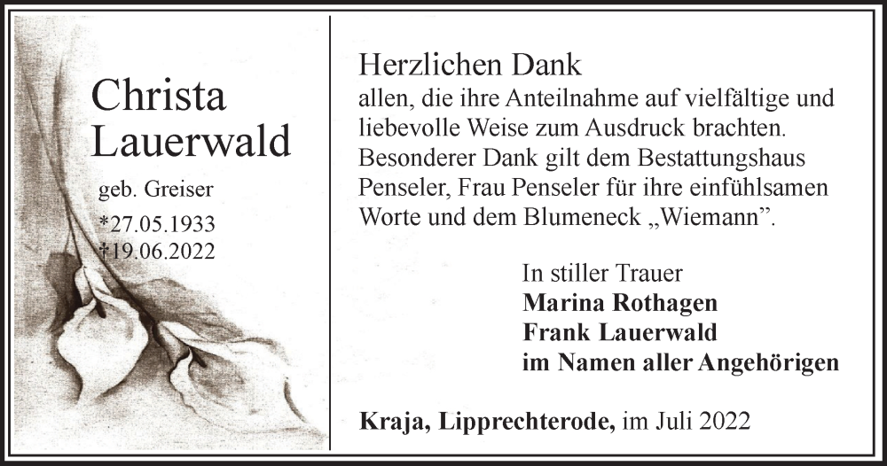  Traueranzeige für Christa Lauerwald vom 23.07.2022 aus Thüringer Allgemeine