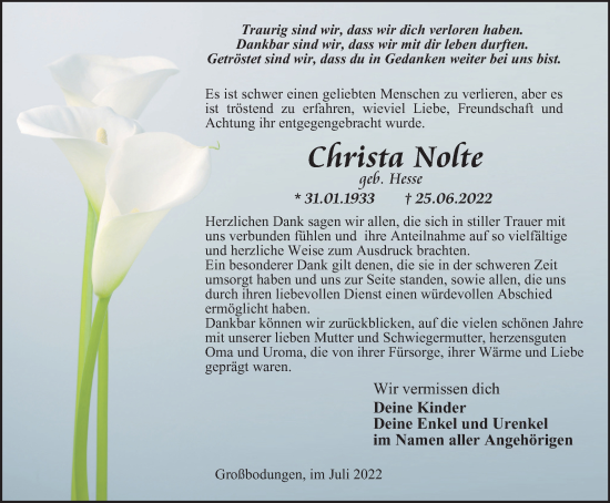 Traueranzeige von Christa Nolte von Thüringer Allgemeine