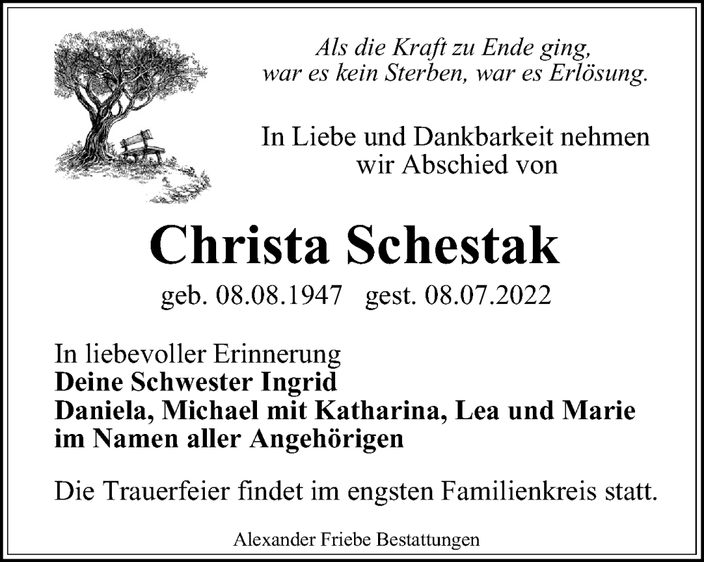  Traueranzeige für Christa Schestak vom 23.07.2022 aus Thüringer Allgemeine, Thüringische Landeszeitung
