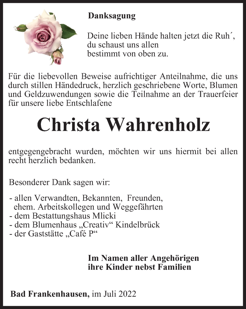  Traueranzeige für Christa Wahrenholz vom 23.07.2022 aus Thüringer Allgemeine