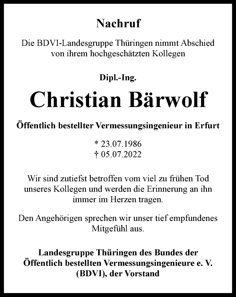  Traueranzeige für Christian Bärwolf vom 23.07.2022 aus Thüringer Allgemeine