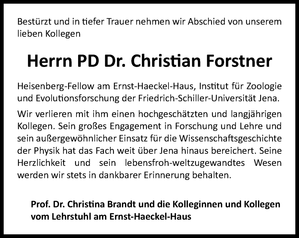  Traueranzeige für Christian Forstner vom 21.07.2022 aus Ostthüringer Zeitung, Thüringische Landeszeitung