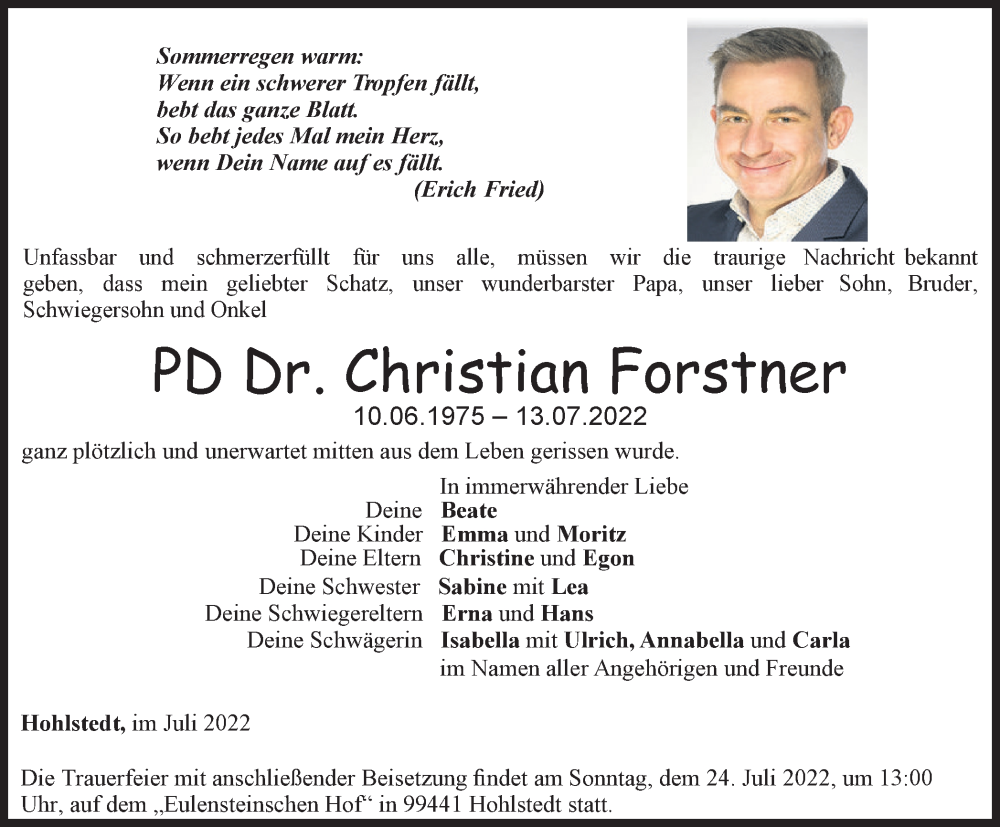  Traueranzeige für Christian Forstner vom 22.07.2022 aus Ostthüringer Zeitung, Thüringische Landeszeitung