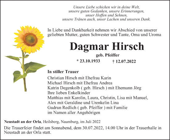 Traueranzeige von Dagmar Hirsch