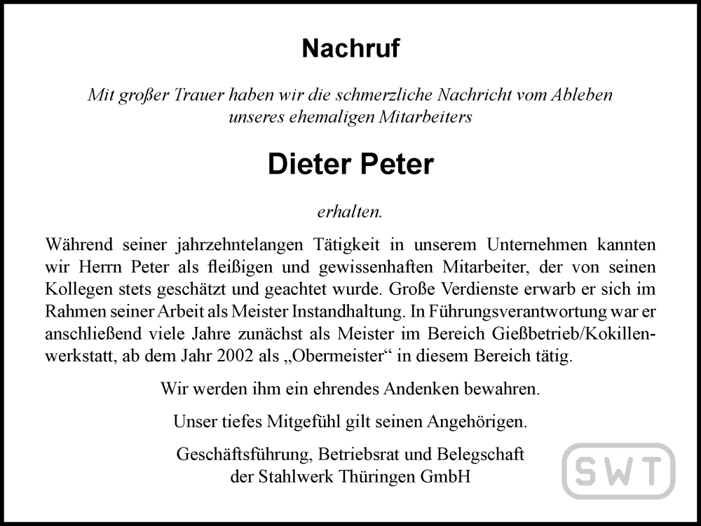  Traueranzeige für Dieter Peter vom 23.07.2022 aus Ostthüringer Zeitung