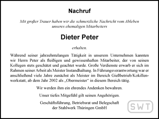 Traueranzeige von Dieter Peter von Ostthüringer Zeitung