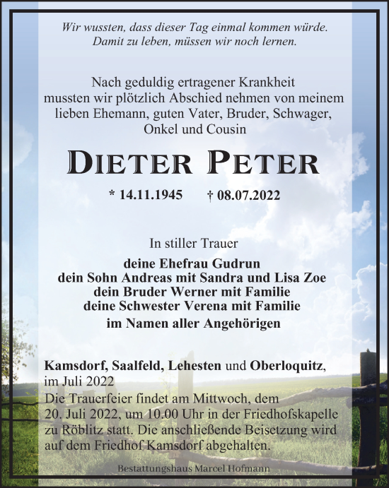 Traueranzeige von Dieter Peter von Ostthüringer Zeitung