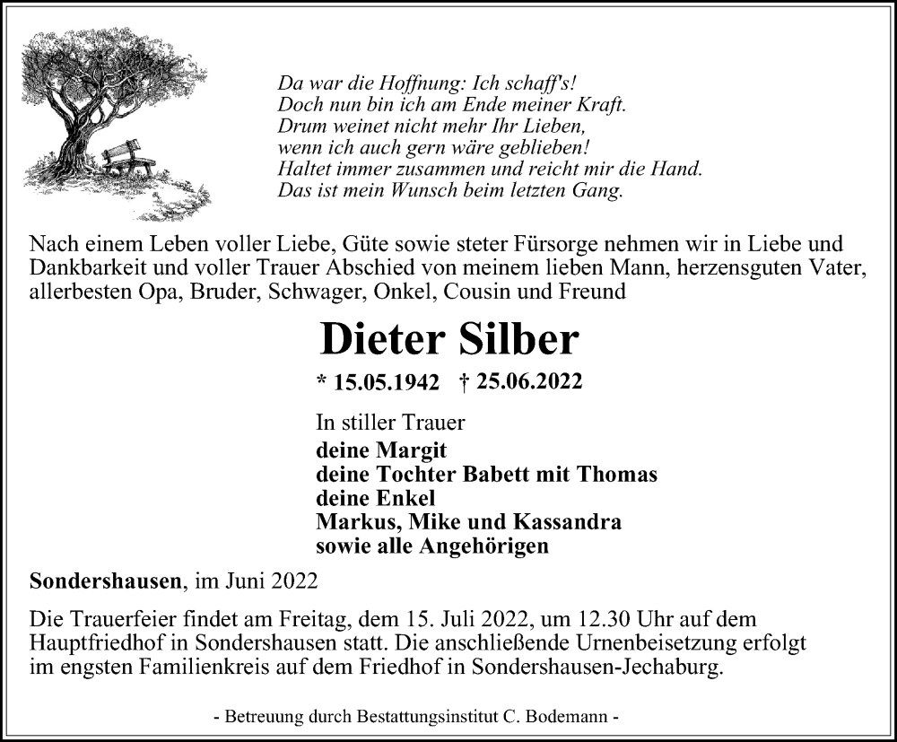  Traueranzeige für Dieter Silber vom 09.07.2022 aus Thüringer Allgemeine