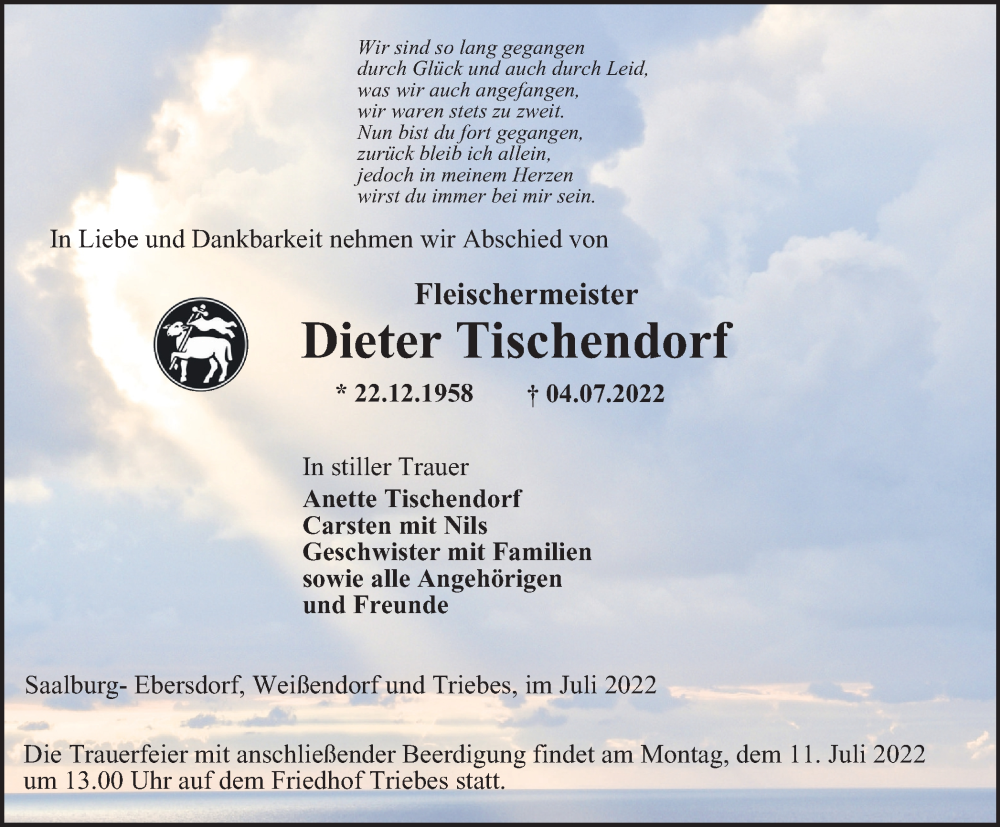  Traueranzeige für Dieter Tischendorf vom 07.07.2022 aus Ostthüringer Zeitung