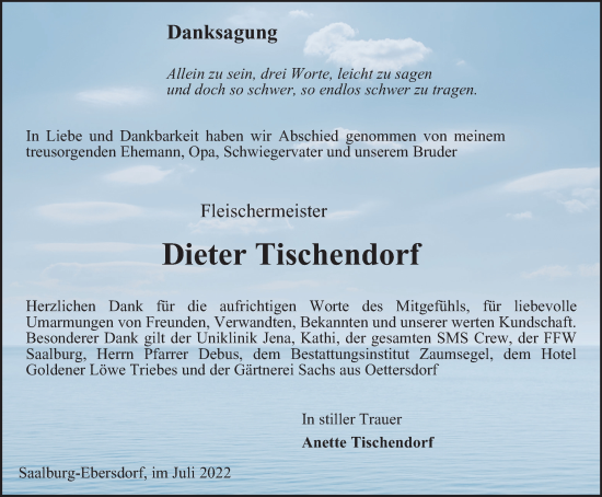 Traueranzeige von Dieter Tischendorf von Ostthüringer Zeitung