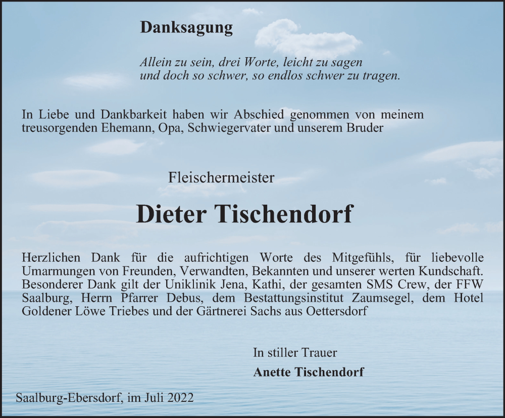  Traueranzeige für Dieter Tischendorf vom 23.07.2022 aus Ostthüringer Zeitung