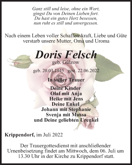 Traueranzeige von Doris Felsch von Ostthüringer Zeitung, Thüringische Landeszeitung