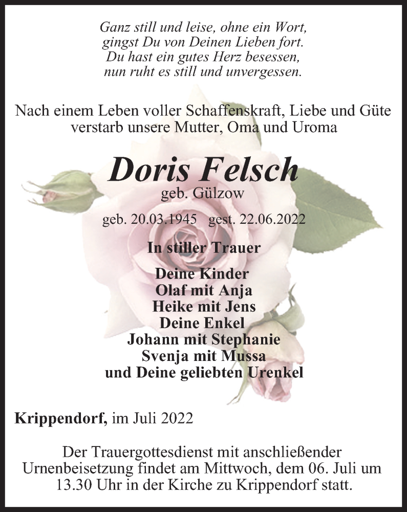  Traueranzeige für Doris Felsch vom 02.07.2022 aus Ostthüringer Zeitung, Thüringische Landeszeitung