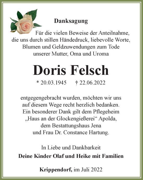 Traueranzeige von Doris Felsch von Ostthüringer Zeitung, Thüringische Landeszeitung