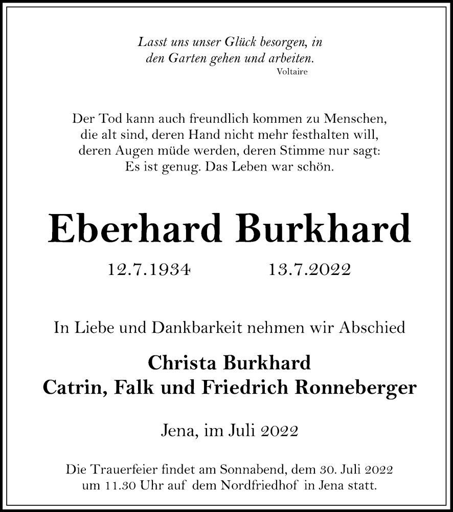  Traueranzeige für Eberhard Burkhard vom 23.07.2022 aus Ostthüringer Zeitung, Thüringische Landeszeitung
