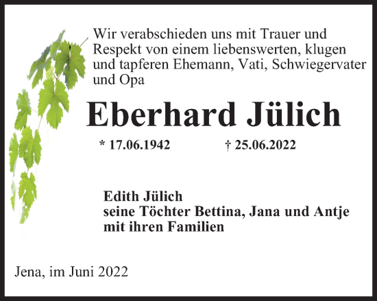 Traueranzeige von Eberhard Jülich von Ostthüringer Zeitung, Thüringische Landeszeitung