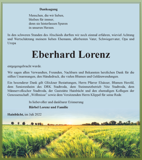 Traueranzeige von Eberhard Lorenz von Ostthüringer Zeitung