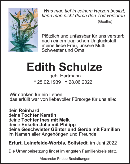 Traueranzeige von Edith Schulze von Thüringer Allgemeine, Thüringische Landeszeitung