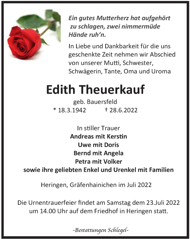  Traueranzeige für Edith Theuerkauf vom 09.07.2022 aus Thüringer Allgemeine