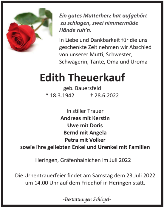 Traueranzeige von Edith Theuerkauf von Thüringer Allgemeine