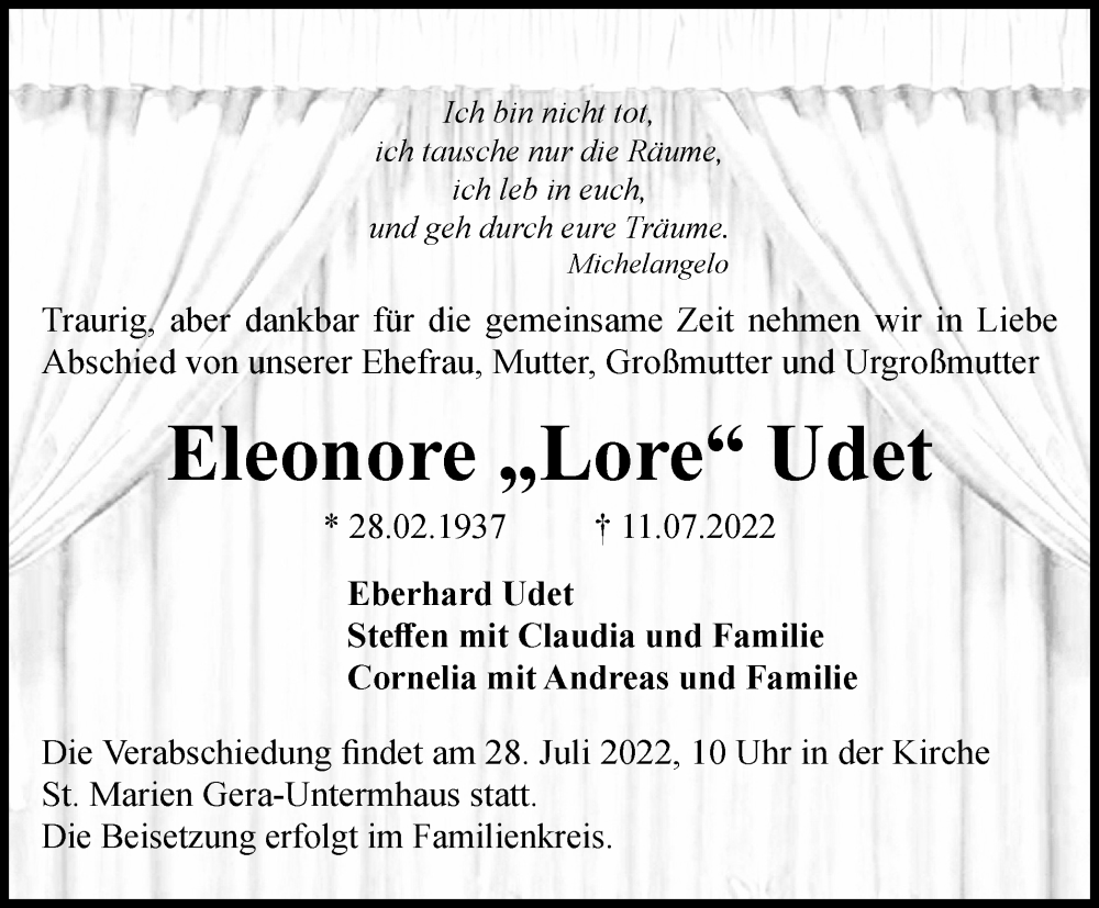  Traueranzeige für Eleonore  Udet vom 23.07.2022 aus Ostthüringer Zeitung