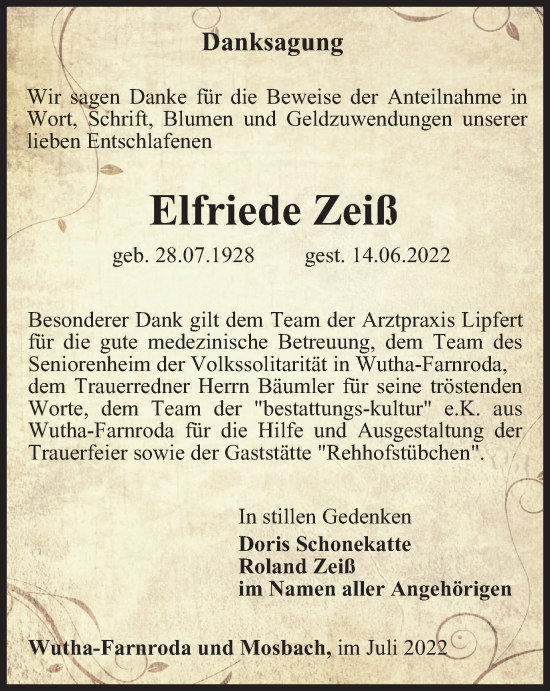 Traueranzeige von Elfriede Zeiß von Thüringer Allgemeine, Thüringische Landeszeitung