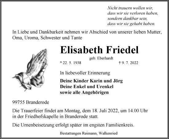 Traueranzeige von Elisabeth Friedel von Thüringer Allgemeine