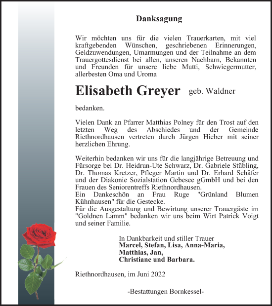 Traueranzeige von Elisabeth Greyer von Thüringer Allgemeine, Thüringische Landeszeitung