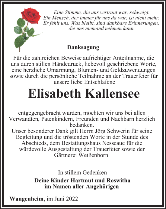 Traueranzeige von Elisabeth Kallensee von Thüringer Allgemeine, Thüringische Landeszeitung