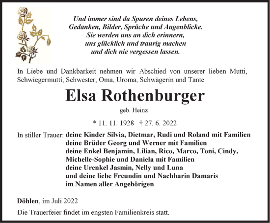 Traueranzeige von Elsa Rothenburger von Ostthüringer Zeitung