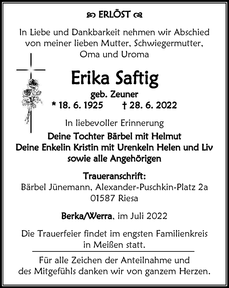  Traueranzeige für Erika Saftig vom 23.07.2022 aus Thüringer Allgemeine, Thüringische Landeszeitung