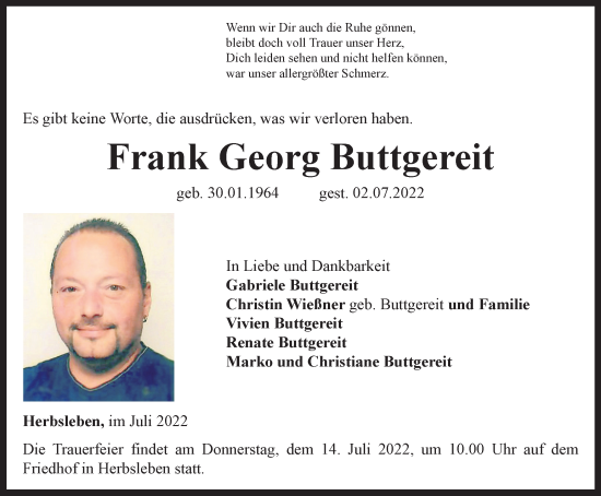 Traueranzeige von Frank Georg Buttgereit von Thüringer Allgemeine, Thüringische Landeszeitung