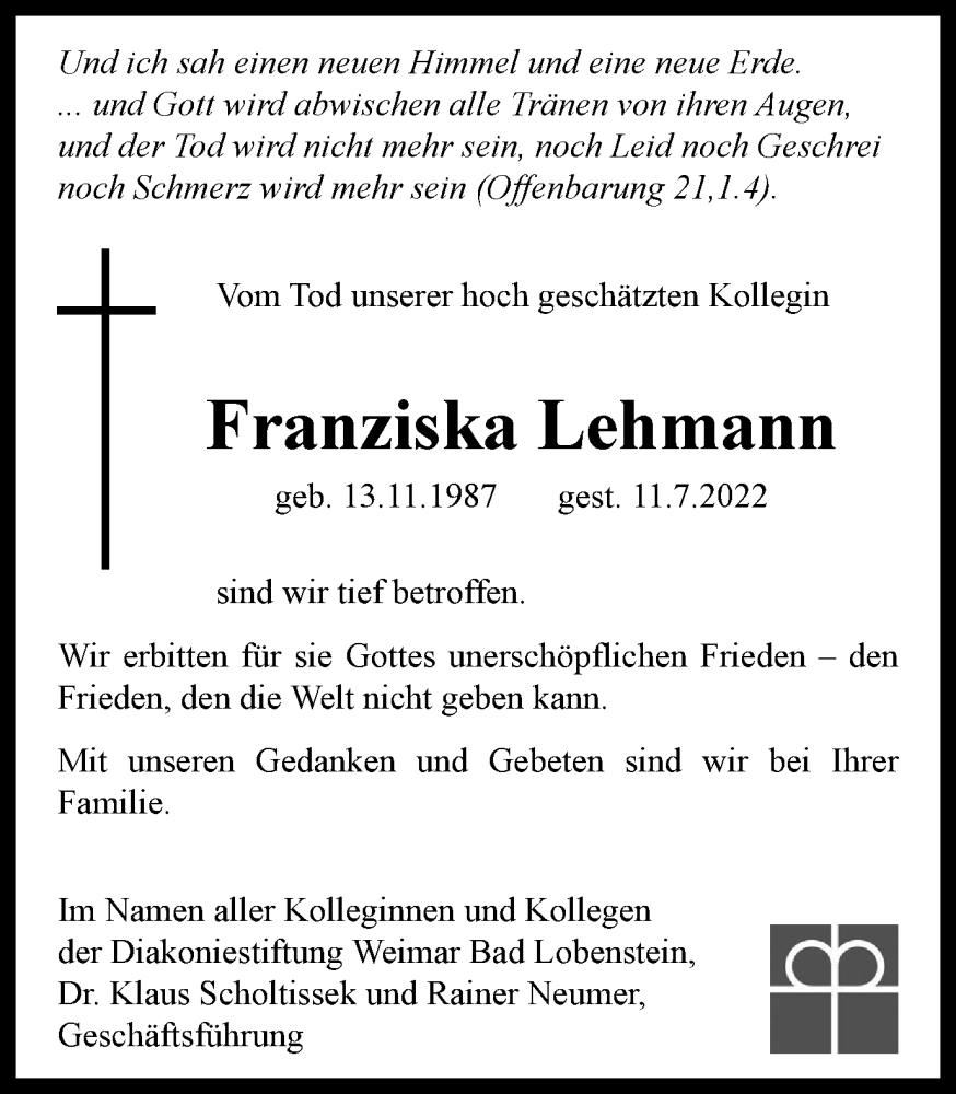  Traueranzeige für Franziska Lehmann vom 23.07.2022 aus Ostthüringer Zeitung