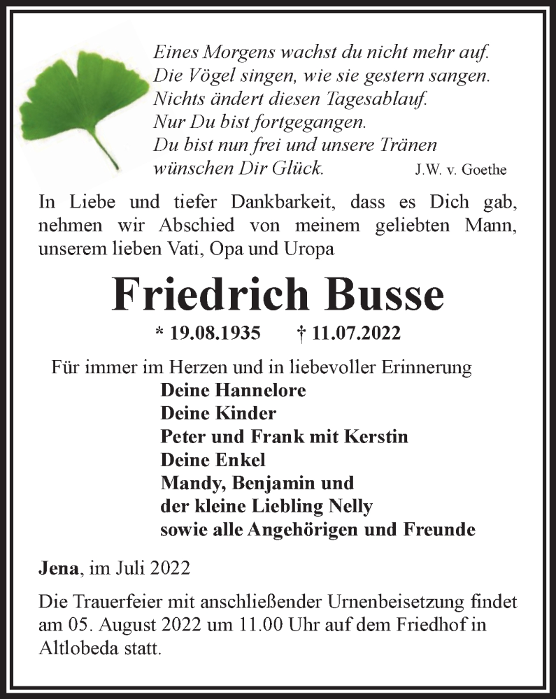  Traueranzeige für Friedrich Busse vom 23.07.2022 aus Ostthüringer Zeitung, Thüringische Landeszeitung