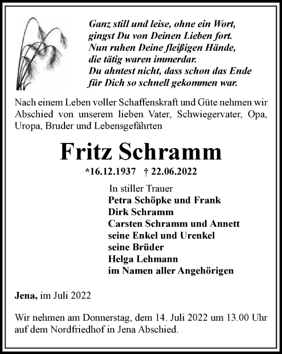 Traueranzeige von Fritz Schramm von Ostthüringer Zeitung, Thüringische Landeszeitung
