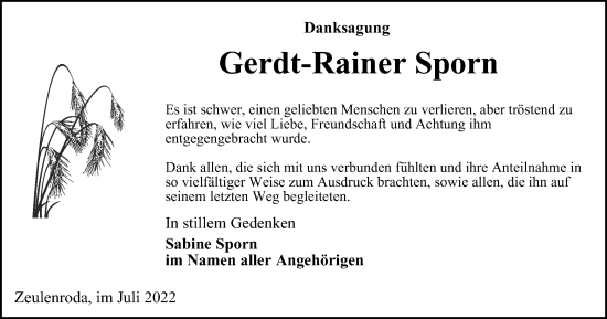 Traueranzeige von Gerdt-Rainer Sporn von Ostthüringer Zeitung