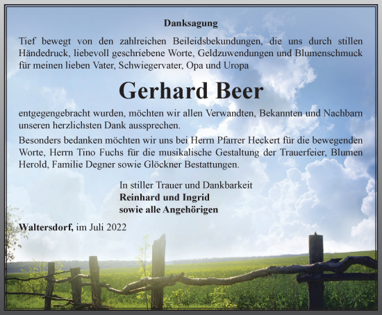 Traueranzeige von Gerhard Beer von Ostthüringer Zeitung