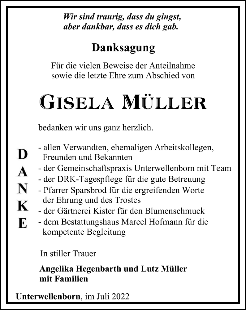  Traueranzeige für Gisela Müller vom 02.07.2022 aus Ostthüringer Zeitung