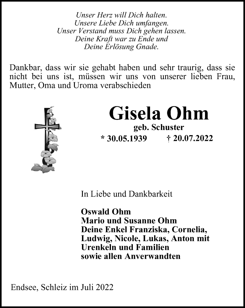  Traueranzeige für Gisela Ohm vom 28.07.2022 aus Ostthüringer Zeitung