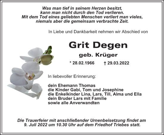 Traueranzeige von Grit Degen von Ostthüringer Zeitung