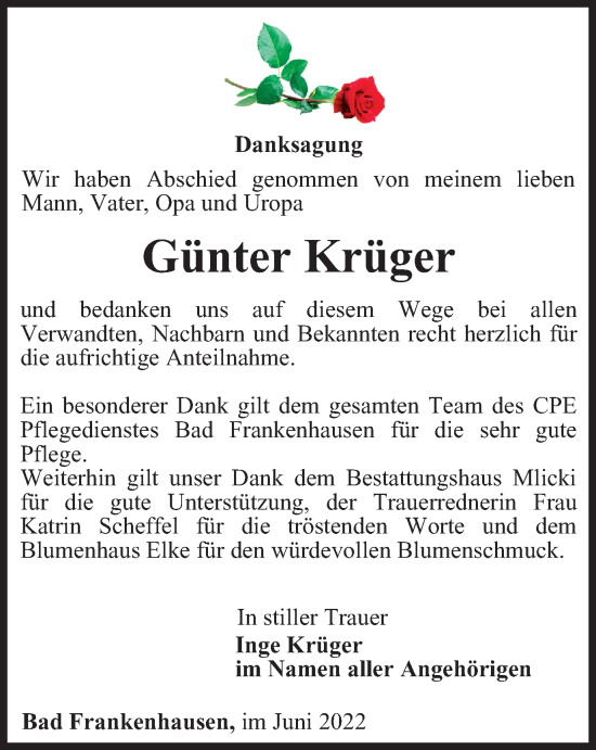 Traueranzeige von Günter Krüger von Thüringer Allgemeine