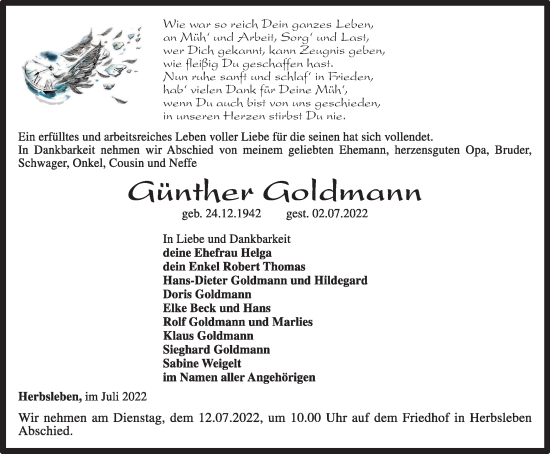 Traueranzeige von Günther Goldmann von Thüringer Allgemeine, Thüringische Landeszeitung