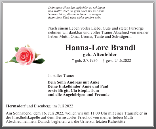 Traueranzeige von Hanna-Lore Brandl von Ostthüringer Zeitung
