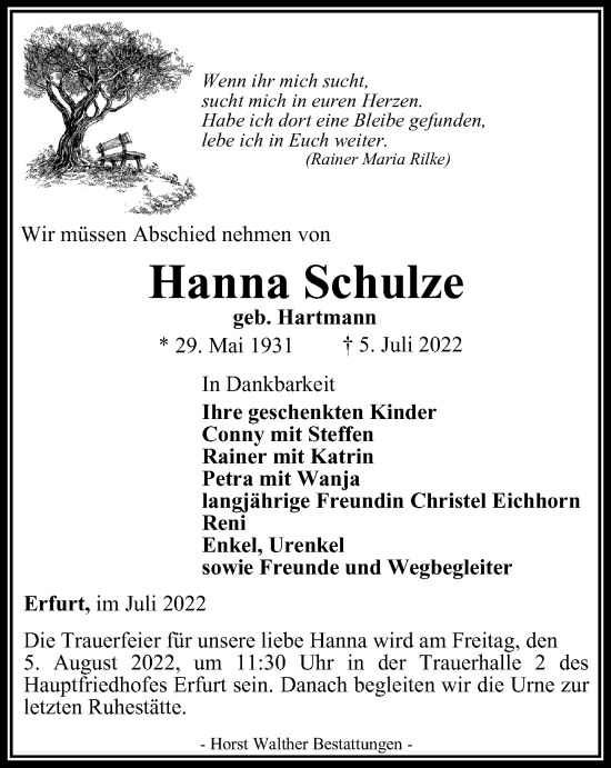 Traueranzeige von Hanna Schulze