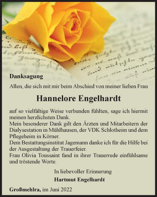 Traueranzeige von Hannelore Engelhardt von Thüringer Allgemeine, Thüringische Landeszeitung