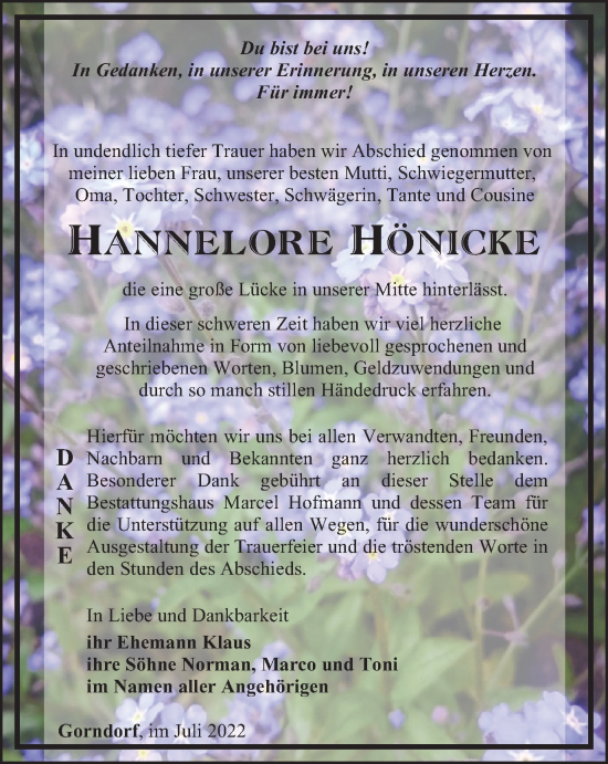 Traueranzeige von Hannelore Hönicke von Ostthüringer Zeitung