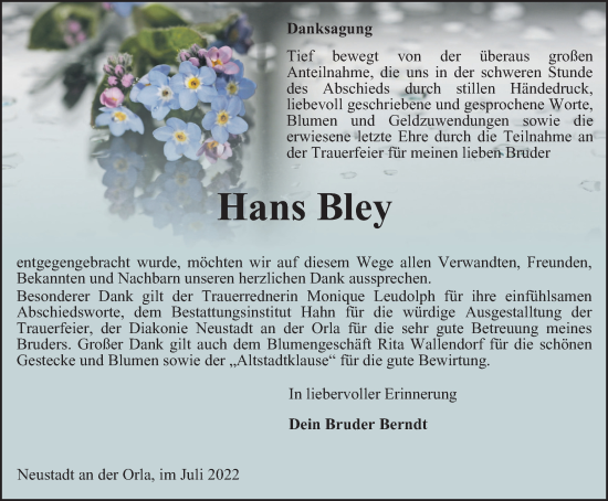 Traueranzeige von Hans Bley