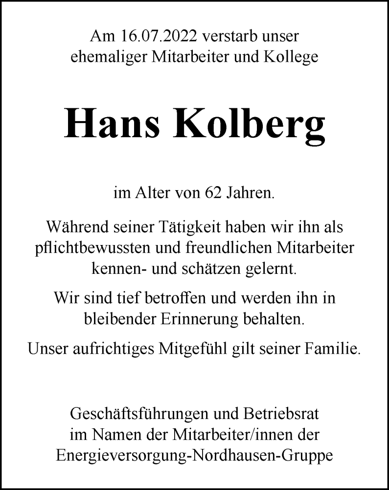  Traueranzeige für Hans Kolberg vom 27.07.2022 aus Thüringer Allgemeine