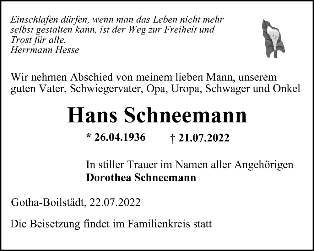  Traueranzeige für Hans Schneemann vom 29.07.2022 aus Thüringer Allgemeine, Thüringische Landeszeitung