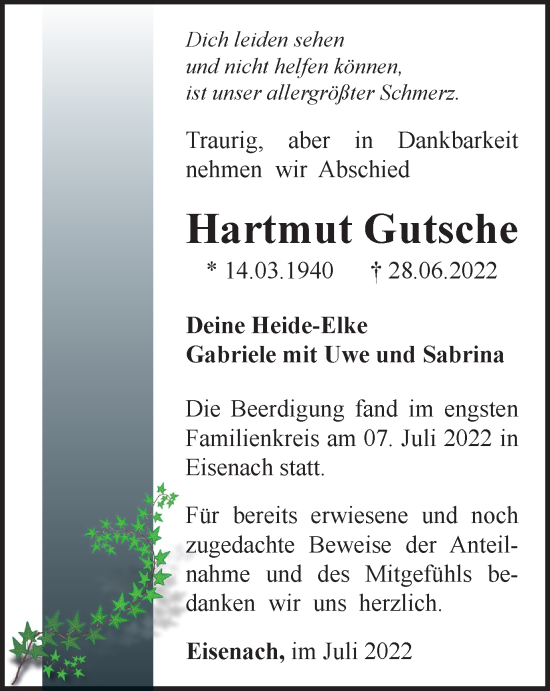 Traueranzeige von Hartmut Gutsche von Thüringer Allgemeine, Thüringische Landeszeitung